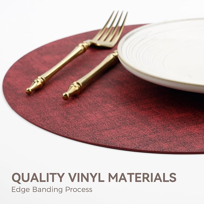 13" Round Placemats Set of 8, Reversible Faux Leather Wipeable Table Mats | 2mm Vinyl Heat Resistant, Waterproof Oilproof Scratch Proof Non-Slip, Washable for Kitchen Dining Indoor Outdoor (Burgundy)