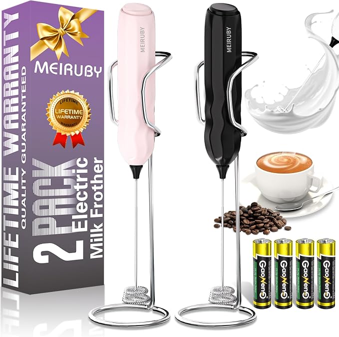2-Pack Milk Frother Handheld with Stand, Valentines Day Gifts for Him and Her, Powerful Electric Coffee Frother, Coffee Lover Gift for Lattes, Cappuccino, Matcha & Hot Chocolate, Black/Pink