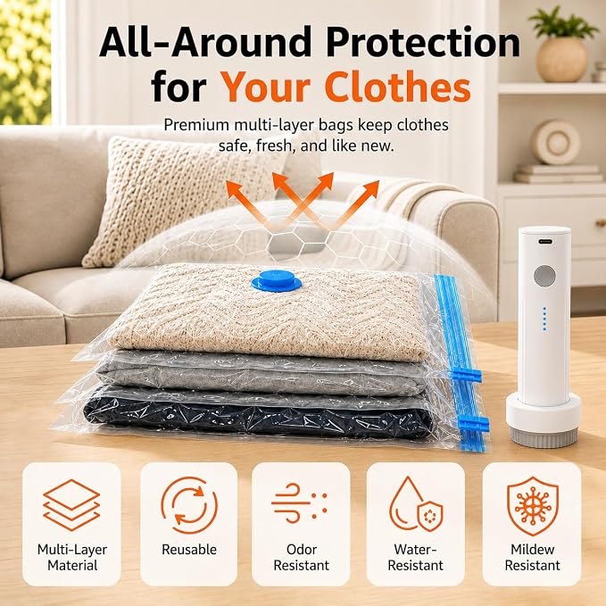 12 Pack Vacuum Bags for Travel with Rechargeable Pump, Save Luggage Space | Transparent Bag Design for Easy Clothing Organization, 1500mAh USB-C Wireless Pump, Ideal for Suitcases, Backpacks, Wardrobes