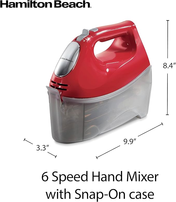 Hamilton Beach 6-Speed Electric Hand Mixer With QuickBurst and Bowl Rest | 275 Watt Motor | Traditional Beaters | Whisk | Dough Hooks | Snap-On Storage Case | Red | 62633G