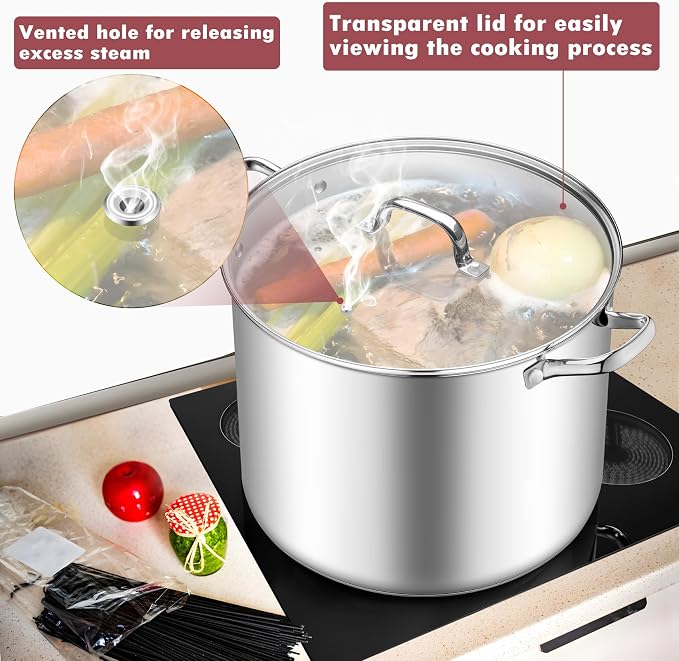 TeamFar Stainless Steel Stock Pot, 20QT Tri-ply Bottom Large Stockpot | Cooking Soup Pot with Lid, for Induction Gas Electric Glass Tops, Non Toxic & Sturdy, Straight Side & Various Stovetops Safe