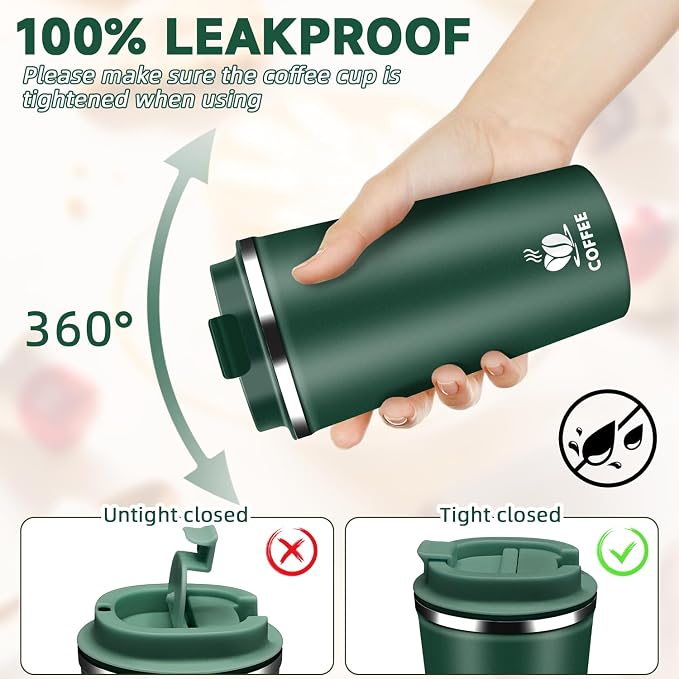 Insulated Travel Coffee Mug Reusable Coffee Tumbler Cup with Flip Lid Leak Proof Spill Proof for Office School Party Camping Hot and Cold Drink,Stainless Steel 17oz (Dark Green)