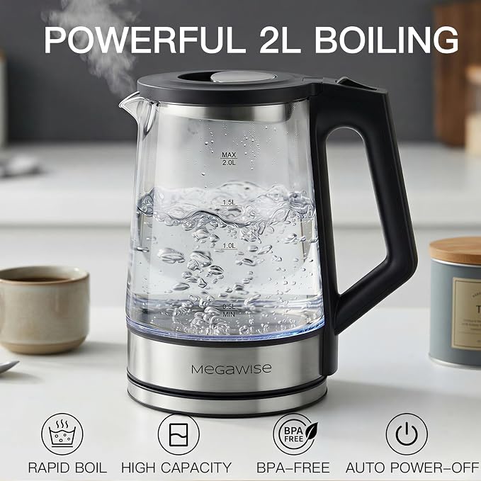 MEGAWISE 2L Electric Kettle, 1000W, BPA-Free Large Water Jug with Handle & Time Markers, Motivational Leak-Proof Bottle for Office, Home, Gym - Ensure Daily Hydration
