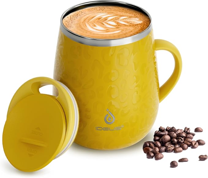 Ideus 16 oz Insulated Coffee Mug with Handle and Lid, Double Wall Stainless Steel Vacuum Thermal Coffee Mug, Travel Coffee Cup Thermal Cup for Home and Office, Leopard Yellow