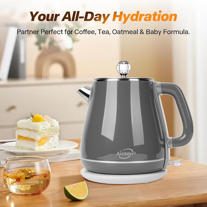 Electric Kettle, Gray, 1.8L | Retro, 1350W Fast Boil, Stainless Steel Interior, BPA Free, Automatic Shut Off