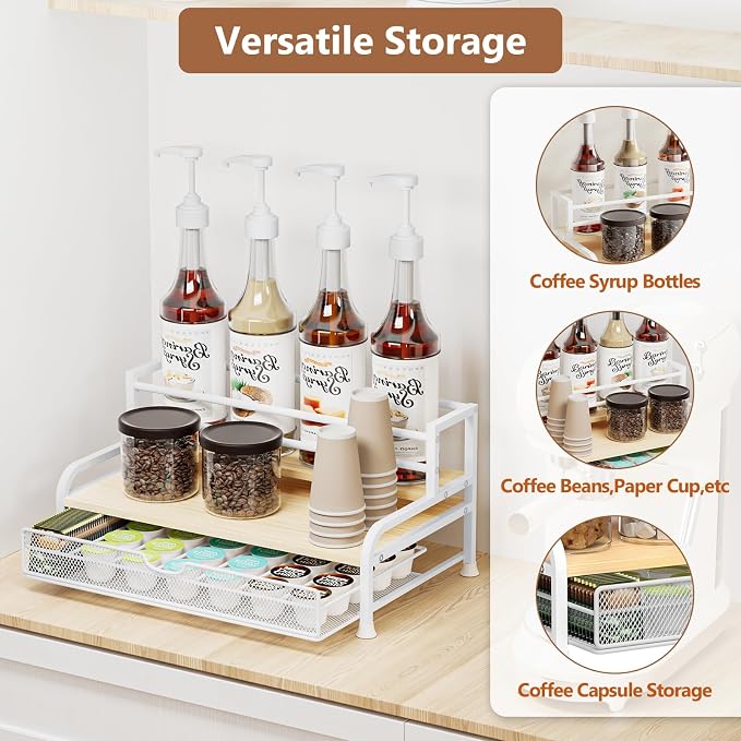 Coffee Syrup Rack Organizer, 3-Tier with 35 K-Cup Pod Holder Drawer | White Metal Rack for 8 Syrup Bottles,Countertop Bottle Holder Stand for Wine,Space-Saving Design for Kitchen Cafe Station