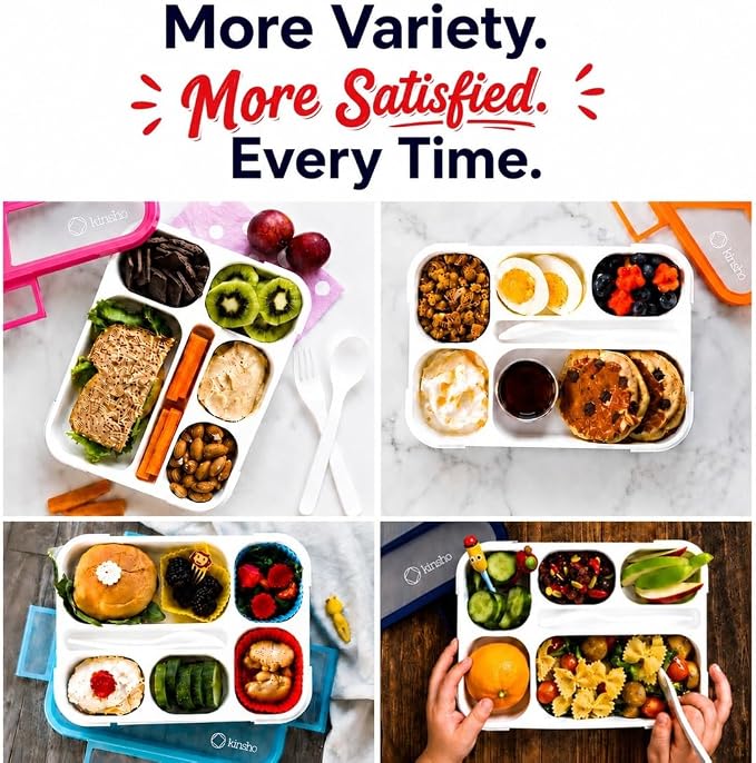 kinsho Bento Box Kids Lunch-Box, Snack Containers for Toddler Daycare, Leakproof School Bentobox 6 Compartment Container for Boys Girls Adults Lunches, Utensils, Red