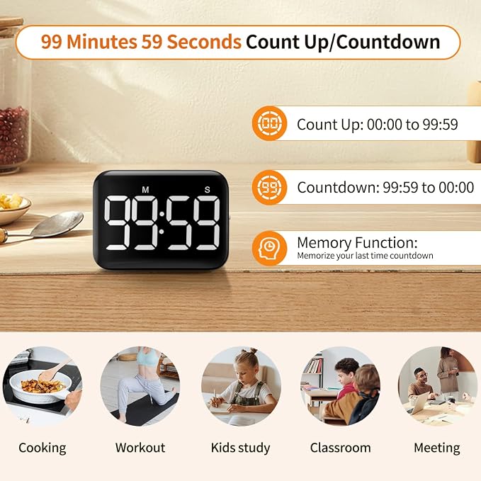 Magnetic Kitchen Timer for Cooking with Count Up Countdown, Digital Timer Battery Powered with Large Display, 2 Brightness and Volume Levels for Classroom, Teacher, Kids
