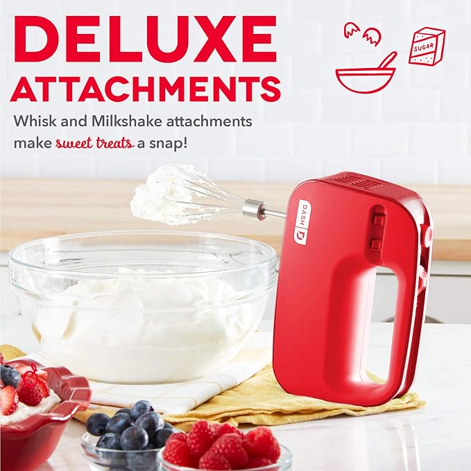 Dash SmartStore Hand Mixer - Electric Handheld Mixer For Everyday Baking - 3-Speed Power and One-Touch Beater Ejector Button - Red, Includes Whisk and Milkshake Attachments