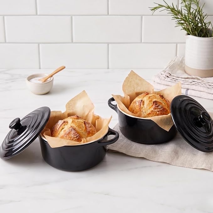 Kook Ceramic Mini Cocotte Set, Small Casserole Dishes with Lids and Handles, Individual Baking Ramekins, Oven safe 350F, Microwave & Dishwasher Safe, Stoneware, 12 oz, Set of 4, (Black)