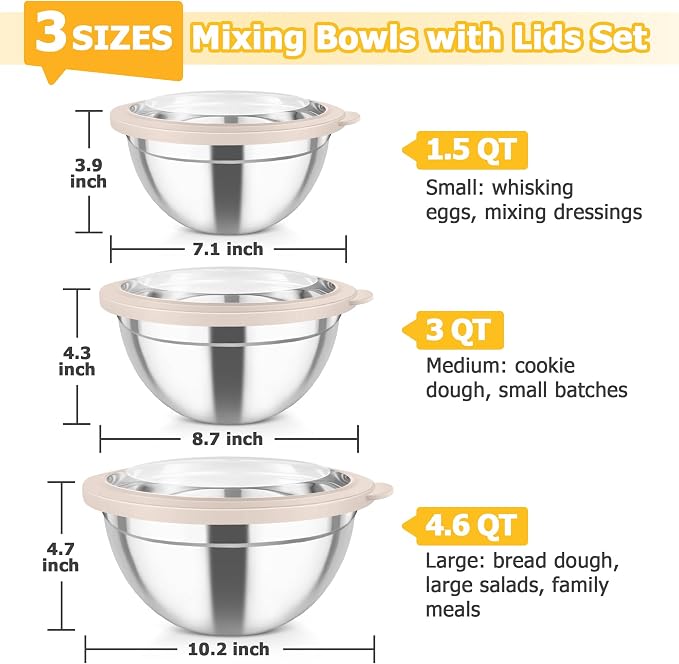 TeamFar Mixing Bowls with Lids, 4.5/3/1.5 QT Stainless Steel Nesting Bowls | Salad Bowls with Airtight Lids, For Serving/Mixing/Storing/Prepping, Healthy & Sturdy, Visible & Easy Clean, Khaki, Set of 3