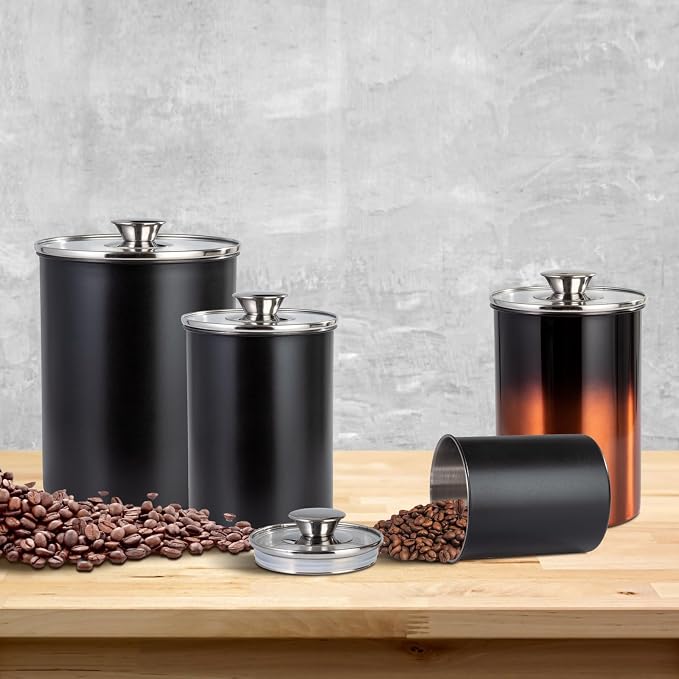 malmo Stainless Steel Food Canister Set of 4-Piece, 16/49/85/132 Ounces,Airtight Containers with Glass Lid for Tea,Coffee,Sugar,Flour,Pantry Kitchen Storage Storeroom Counter (Black)