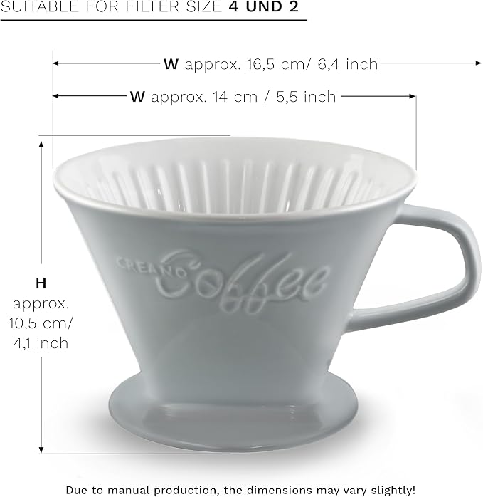 Creano Porcelain Coffee Dripper Stone Grey - Ceramic Cone Brewer - Pour Over Coffee Maker for Filter Bags Size 4 - Easy Manual Brew for pure taste - also for Camping, Hiking