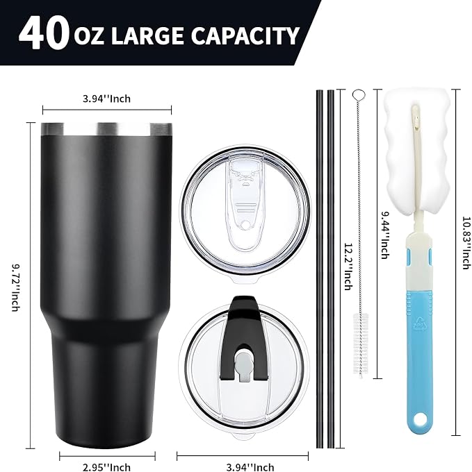 40 oz Tumbler with Lids and Straws, Stainless Steel Insulated Coffee Tumbler, Double Wall Vacuum Insulated Travel Mug Cup, Leakproof Thermal Coffee Cup for Hot and Cold Drinks (Black)