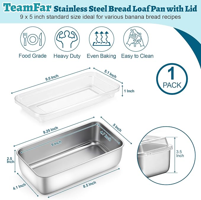 TeamFar Loaf Pan for Baking Bread, 9 x 5 Inch Bread Loaf Pan with Lid | Stainless Steel Meatloaf Pan Tin for Homemade Bread, Brownies, Meal Prep, Storage, Healthy & Dishwasher Safe