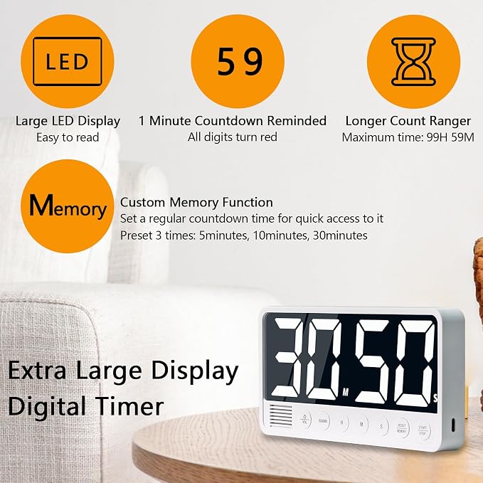 Digital Kitchen Timer with 7.1” Extra Large Display, Rechargeable Magnetic LED Countdown/Up Memory Timer with 6 Alarms & 4 Volume Levels for Cooking, Classroom, Office, Home Gym (Black)