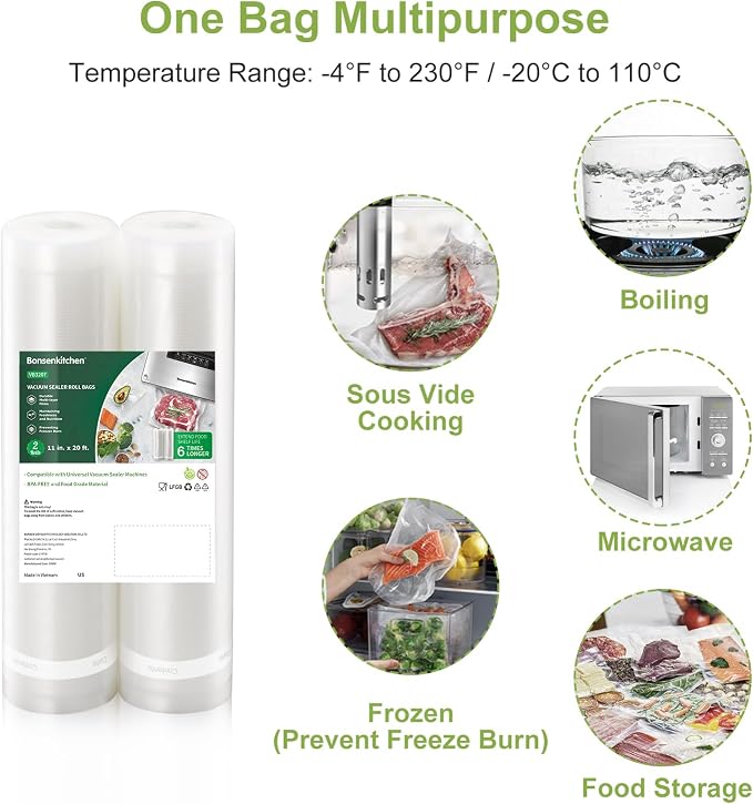 Bonsenkitchen Vacuum Sealer Bags, 11" x 20' Rolls 2 Pack for Food Storage | Commercial Grade Textured Food Roll, Bpa Free, Heavy Duty, Customized Size Bag for Sous Vide Cooking, VB3207