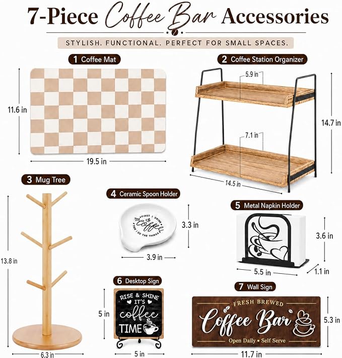 7 PCS Coffee Bar Accessories Set, Farmhouse Coffee Station Organizer Kit | Kitchen Coffee Table Decor for Countertop, Napkin Mug Holder Spoon Rest Tray Mat Sign, Kitchen Home Decor Gifts for Men Women