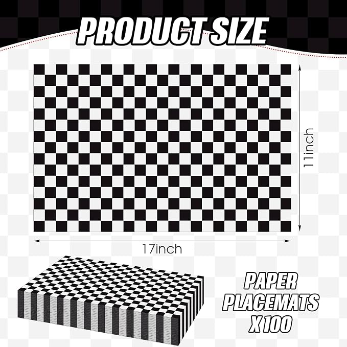 100 Pcs Checkered Paper Placemats Birthday Party Supplies Disposable Placemats for Kids Baby Shower Men Party Decorations Favors 11 x 17 Inch(Black, White)
