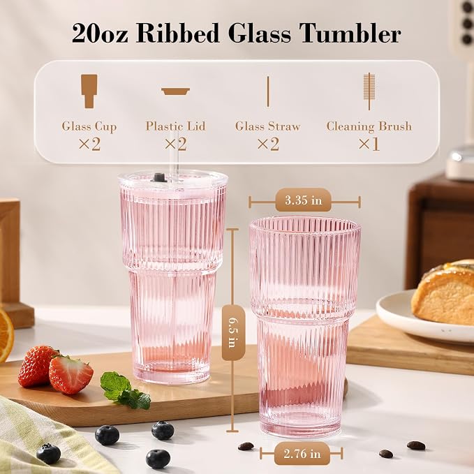 20oz Iced Coffee Cups with Lids, Ribbed Glass Cups with Lids and Straws | Thick Reusable Glass, Leak-Resistant Lids, Fits Most Car Cup Holders, For Iced Coffee, Tea, Smoothies and Cold Drinks