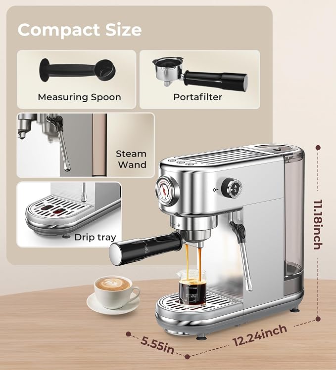 atatix Espresso Machine with Milk Frother, 20 Bar Pressure Espresso Maker | with 44OZ Removable Tank, Compact Stainless Steel Coffee Machine for Home, Office, Latte, Cappuccino, Macchiato, Silver