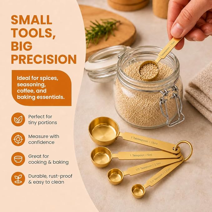 Gold Measuring Cups and Spoons Set, 8 Piece Stainless Steel Measuring Cup and Spoon Set for Baking and Cooking, Stackable Gold Kitchen Measuring Utensils for Dry and Liquid Ingredients