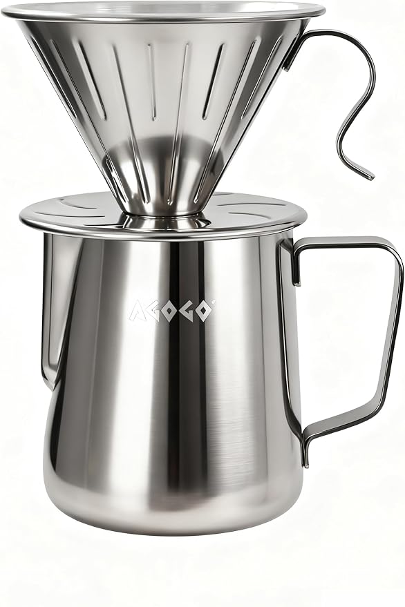 AGOGO Stainless Pour Over Coffee Maker Set, 50 Paper Filters, 20oz, Sliver | Unbreakable carafe for kitchen RV camp and office, includes barista towel, lead-free food grade 304 stainless steel