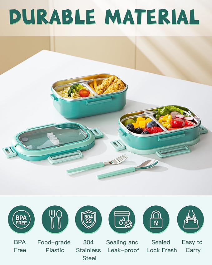 Lille Home Stackable Stainless Steel Bento Lunch Box + Insert Cutlery, 56oz | 2 Tier Leakproof Metal Lunch Boxes, 4-Compartment Food Containers for Work, Picnic, Meal Prep & Portion Control (Green)