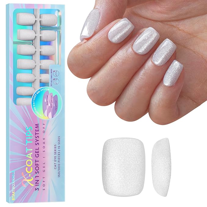 BTArtboxnails XCOATTIPS Cat Eye Press On Nails, Short Square, Frozen | Lamp-Curable 4-Week Wear, Salon Quality Value at Home, Natural Nail Look, Easy-to-Apply for Beginners, 150ct Nail Tips Only