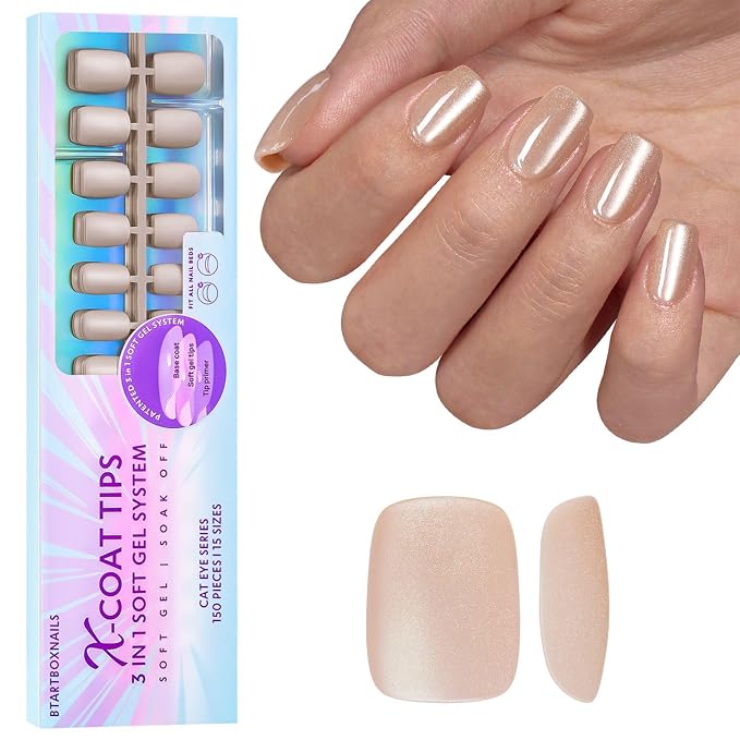 BTArtboxnails XCOATTIPS Cat Eye Press On Nails, Short Square, Aurora | Lamp-Curable 4-Week Wear, Salon Quality Value at Home, Natural Nail Look, Easy-to-Apply for Beginners, 150ct Nail Tips Only