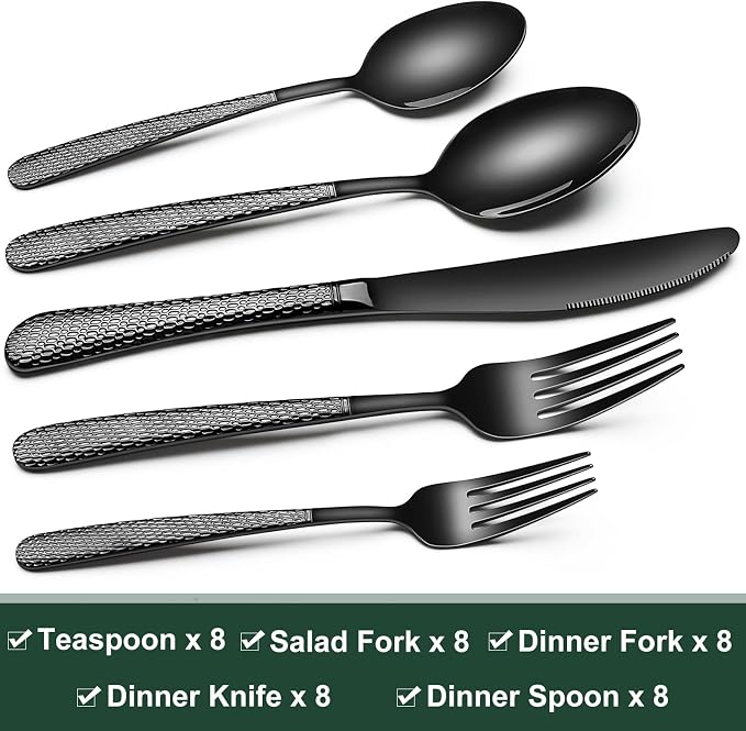Black Hammered Silverware Set, 40-Piece Stainless Steel Heavy Duty Flatware Set for 8, Food-Grade Tableware Cutlery Set, Utensil Sets for Home Restaurant, Mirror Finish, Dishwasher Safe