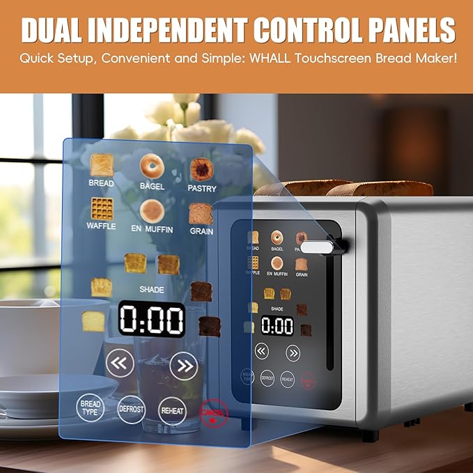 WHALL Touch Screen Toaster 2 Slice,Smart Digital Toaster with 1.5" Wide Slots,6 Shade Settings & 6 Bread Types,Memory Function,Countdown Timer,Brushed Stainless,Ideal Kitchen Gift & Essential