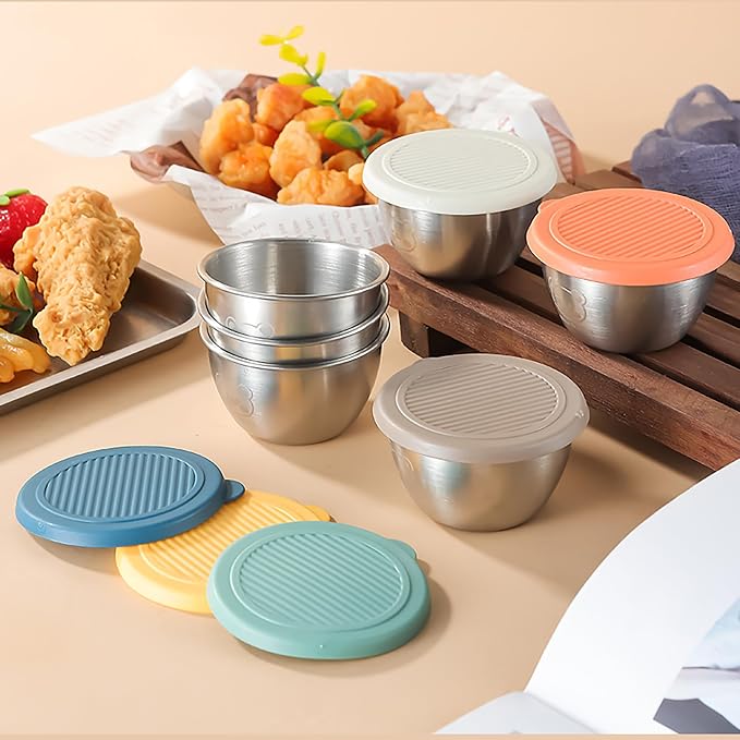 6 Pack 2.7oz Leakproof Salad Dressing Containers To Go, Reusable Stainless Steel Sauce Cups with Colorful Silicone Lids, BPA-Free Small Condiment Containers for Lunch Bento, Picnic & Travel, 80ml