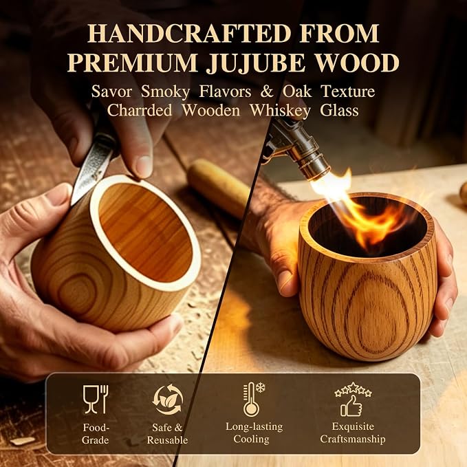 Charred Wooden Whiskey Glasses, Bourbon Drinking Cup Gifts for Men | Handcrafted Oak Whiskey Tumbler, 10oz Collins Cup, Retirement, Birthday&Christmas for Dad Friend or Brother