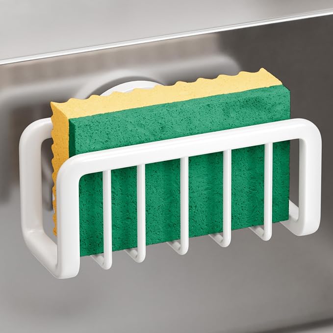 TAILI White Sponge Holder for Kitchen Sink with Strong Suction Cup | Removable Sink Caddy for Kitchen Sink Oganizer, Rustproof Aluminum Sink Sponge Holder for Scraper Brushes, Stoppers