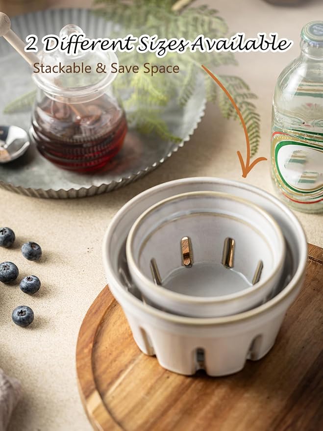 Gomakren Ceramic Berry Basket Set of 2, Fruit Bowl Colanders 5.8 Inch White | Drain Holes Keep Berries Fresh, Stackable Space-Saving, Dishwasher Safe, Versatile Fruit Serving & Farmhouse Kitchen Decor