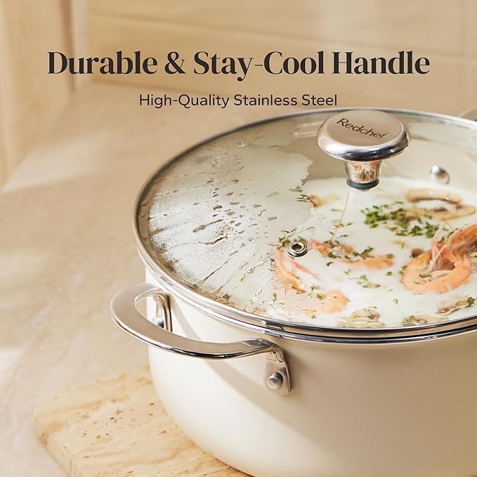 Redchef Ceramic Stock Pot with Lid, Soup Pot for All Stoves, 5 Qt Induction Cooking Pot for Soup Nonstick, Even Heating, Stay-Cool Handles, Oven/Dishwasher Safe, PTFE PFAS Free (Beige)
