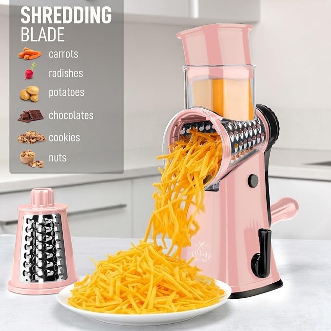Zulay Kitchen Rotary Cheese Grater 5 Blade Cheese Shredder - Manual Hand Crank Cheese Grater With Reinforced Suction & 5 Interchangeable Drums - Easy to Use, Vegetable Chopper Round Mandoline Slicer
