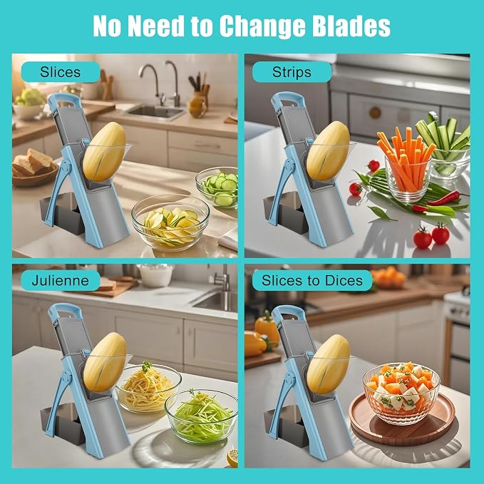 Mandoline Slicer for Kitchen, Safe Vegetable Chopper & Potato Slicer with Adjustable Thickness and Container for Meal Prep, Ideal for Home & Commercial Use, Kitchen Gift(Blue)