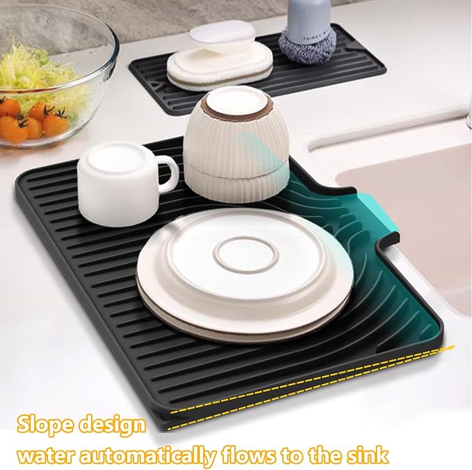 Dish Drying Mat for Kitchen Counter, 18"x12" Dish Drying Rack(black) | Various Sizes & Colors,Steep-Slope Built in Drain,High-fin Ventilation,Food-grade Silicone,500F heat resistant,for Flat sinks