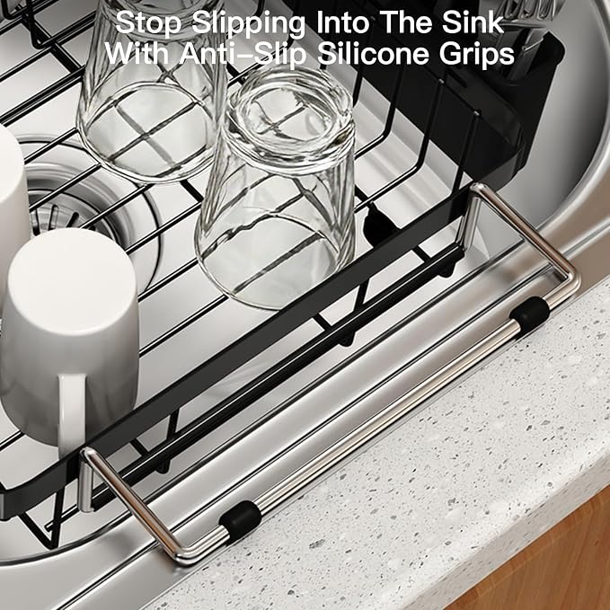 Dish Drying Rack Over The Sink with Utensil Holder, Mat | Expandable Stainless Steel Dish Drainer for Small Kitchen, Apartment, RV, Counter Space Saving, Perfect Fit, Rustproof