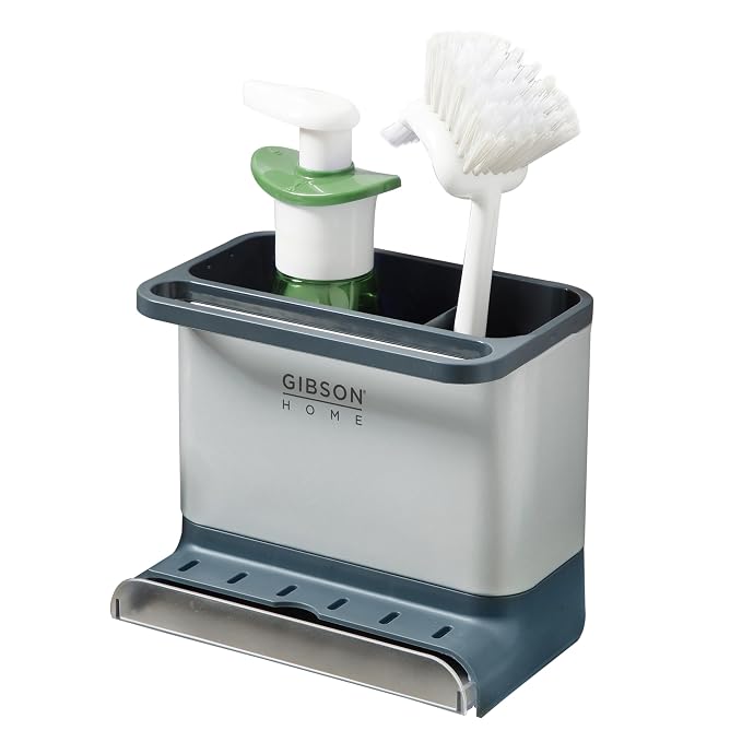 Gibson Home Ledgebrook Sink Caddy with Metal Panel, Metal Sponge Holder for Kitchen Sink, Countertop Organizer and Storage Essentials with Drain Board