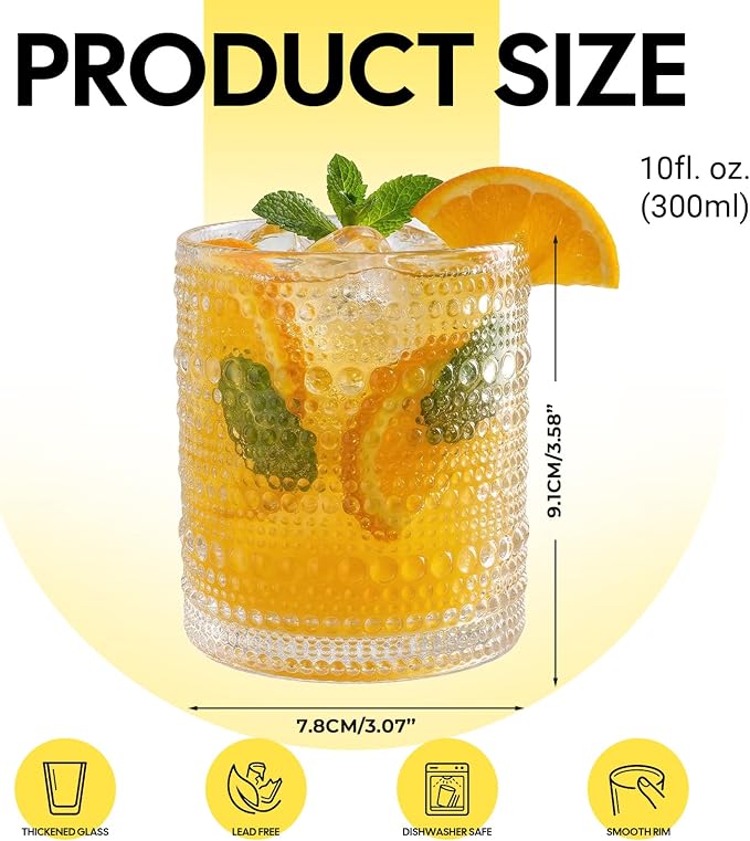10 oz Hobnail Drinking Glasses,12 Pack Embossed Clear Tumblers | Vintage Glassware Beverage Set for Cocktails, Water, Beer & Juice