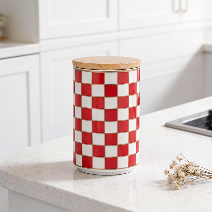 Kitchen Countertop Ceramic Checkered Canisters,Black And White Food Storage Containers With Lid,Airtight Kitchen Canisters for Flour, Sugar, Coffee, Tea, and Dry Goods (Red, Large)