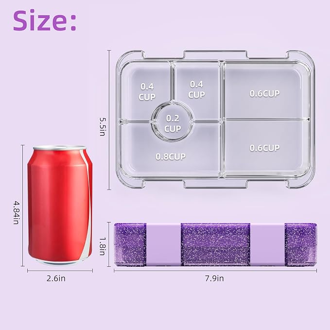 Bento Lunch Box for Kids, 5/6 Compartments, Shiny Purple and Clear | Dishwasher Safe Back to School Snack Bento Lunch Containers Boxes, Ideal Portion Sizes for On-the-Go Meal, Ages 3+, School