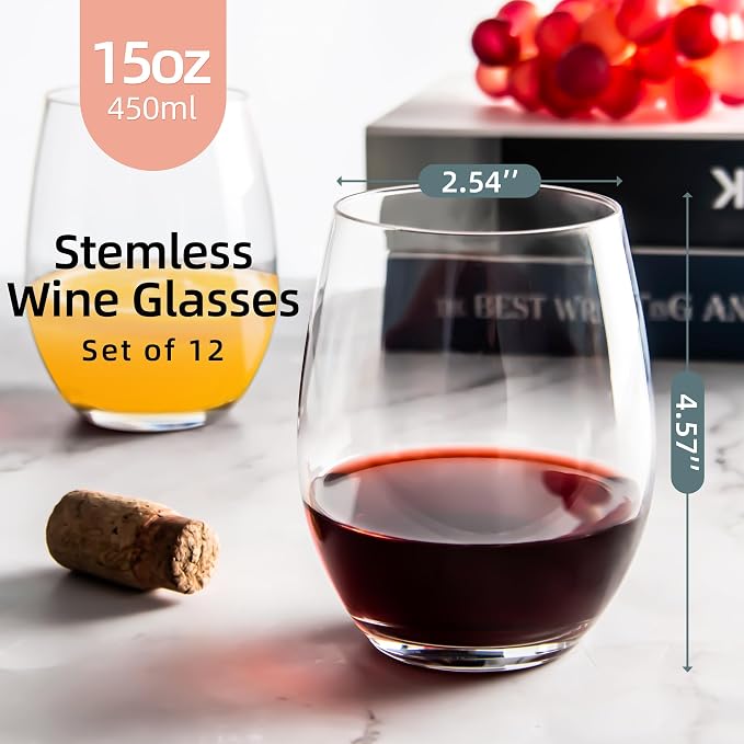 SHYRC Stemless Wine Glasses, 15 oz Stemless Glasses Set of 12 for Red or White Wine, Stemless Glassware, No Stem Wine Glasses, Drinking Glasses, Clear