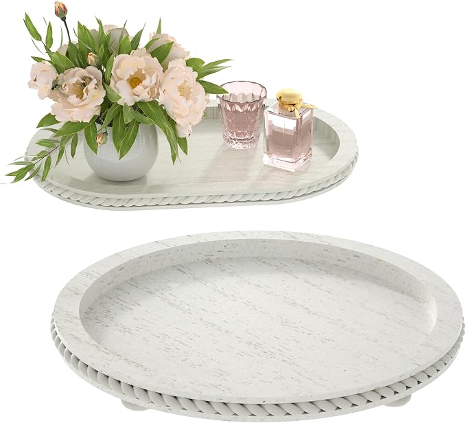 White Oval and Round Decorative Tray Set of 2 for Coffee Table | Farmhouse Vintage Decorative Tray Stand for Coffee Table, White Serving Tray for Living Room Kitchen Home Decor -1 Set