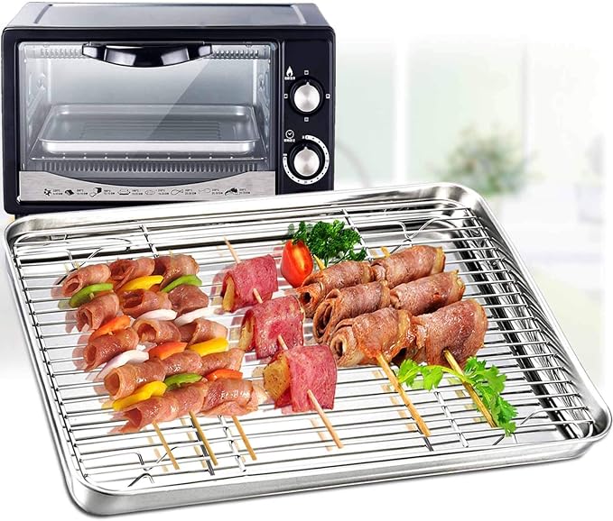 TeamFar Baking Sheet with Cooling Rack Set, 12.5 x 9.5 x 1 inch | Stainless Steel Baking Pan Tray Cookie Sheet with Baking Rack, Non Toxic & Healthy, Mirror Finish & Dishwasher Safe