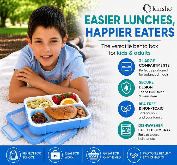 Bento Lunch Box Kids & Adults, Lunch and Snack Containers for Boys & Girls with 3 Compartments - School, Work Daycare, Meal Planning Portion Control Container, BPA-Free Boxes, Utensils, Blue 1 pack