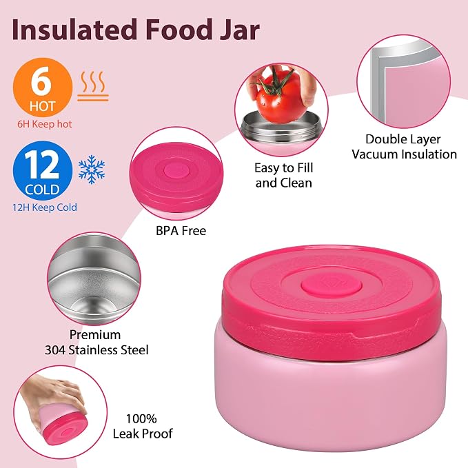 Kids Bento Lunch Box Set with 9.5oz Soup Thermo, Leak-Proof Lunch Food Containers with 3 Compartment and Removable Inner Tray, Insulated Hot Food Jar with Lunch Bag for School, Office, Pink